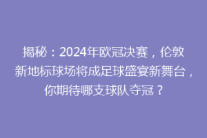 揭秘：2024年欧冠决赛，伦敦新地标球场将成足球盛宴新舞台，你期待哪支球队夺冠？