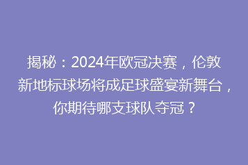 揭秘:2024年欧冠决赛,伦敦新地标球场将成足球盛宴新舞台,你期待哪支球队夺冠?
