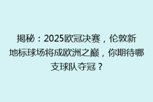 揭秘：2025欧冠决赛，伦敦新地标球场将成欧洲之巅，你期待哪支球队夺冠？