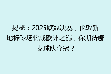 揭秘：2025欧冠决赛，伦敦新地标球场将成欧洲之巅，你期待哪支球队夺冠？