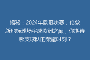 揭秘：2024年欧冠决赛，伦敦新地标球场将成欧洲之巅，你期待哪支球队的荣耀时刻？
