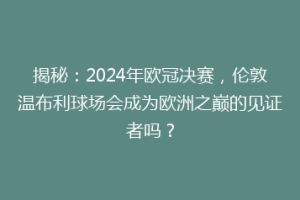揭秘：2024年欧冠决赛，伦敦温布利球场会成为欧洲之巅的见证者吗？