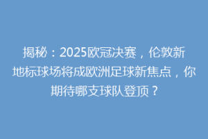 揭秘：2025欧冠决赛，伦敦新地标球场将成欧洲足球新焦点，你期待哪支球队登顶？