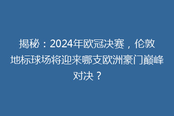 揭秘:2024年欧冠决赛,伦敦地标球场将迎来哪支欧洲豪门巅峰对决?
