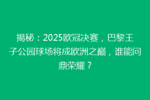 揭秘：2025欧冠决赛，巴黎王子公园球场将成欧洲之巅，谁能问鼎荣耀？