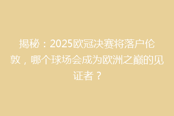 揭秘：2025欧冠决赛将落户伦敦，哪个球场会成为欧洲之巅的见证者？