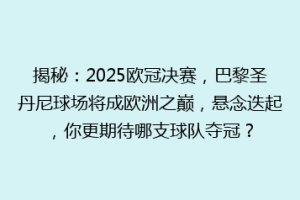 揭秘：2025欧冠决赛，巴黎圣丹尼球场将成欧洲之巅，悬念迭起，你更期待哪支球队夺冠？