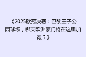 《2025欧冠决赛：巴黎王子公园球场，哪支欧洲豪门将在这里加冕？》