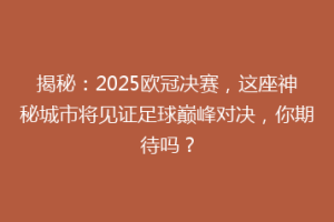 揭秘：2025欧冠决赛，这座神秘城市将见证足球巅峰对决，你期待吗？