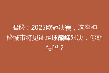 揭秘:2025欧冠决赛,这座神秘城市将见证足球巅峰对决,你期待吗?