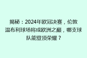 揭秘：2024年欧冠决赛，伦敦温布利球场将成欧洲之巅，哪支球队能登顶荣耀？