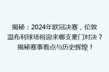 揭秘：2024年欧冠决赛，伦敦温布利球场将迎来哪支豪门对决？揭秘赛事看点与历史辉煌！