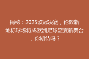 揭秘：2025欧冠决赛，伦敦新地标球场将成欧洲足球盛宴新舞台，你期待吗？